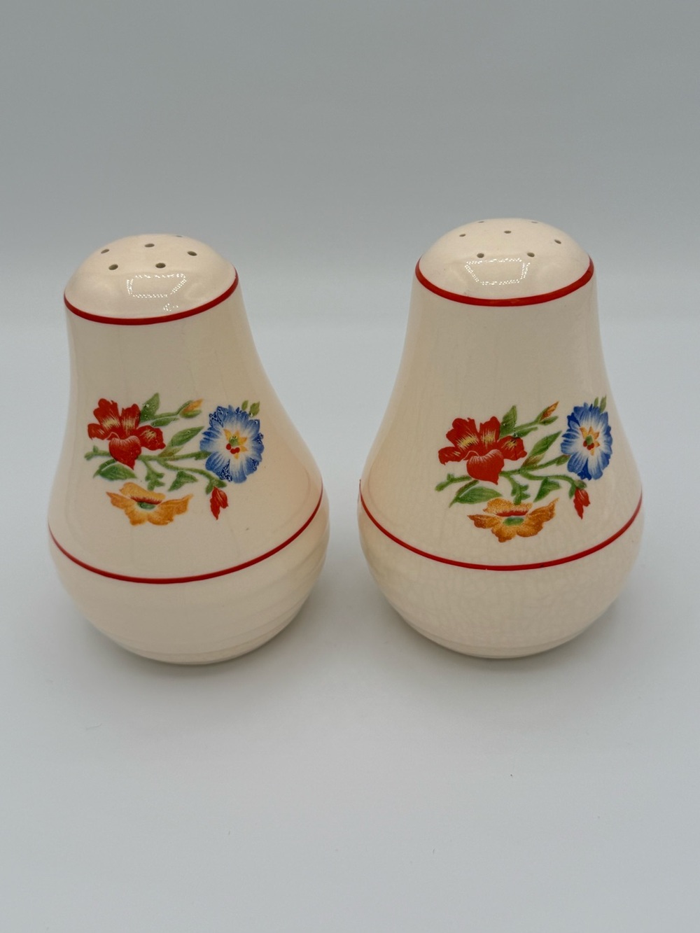 Cream Floral Salt and Pepper Shaker Set with Red Trim